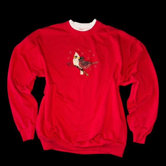 Vintage Cottage Cardinal Birds Christmas Granny Sweatshirt Red XL Grandma Core - Picture 2 of 4